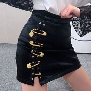 Black Leather Skirt with Pin Detailing
